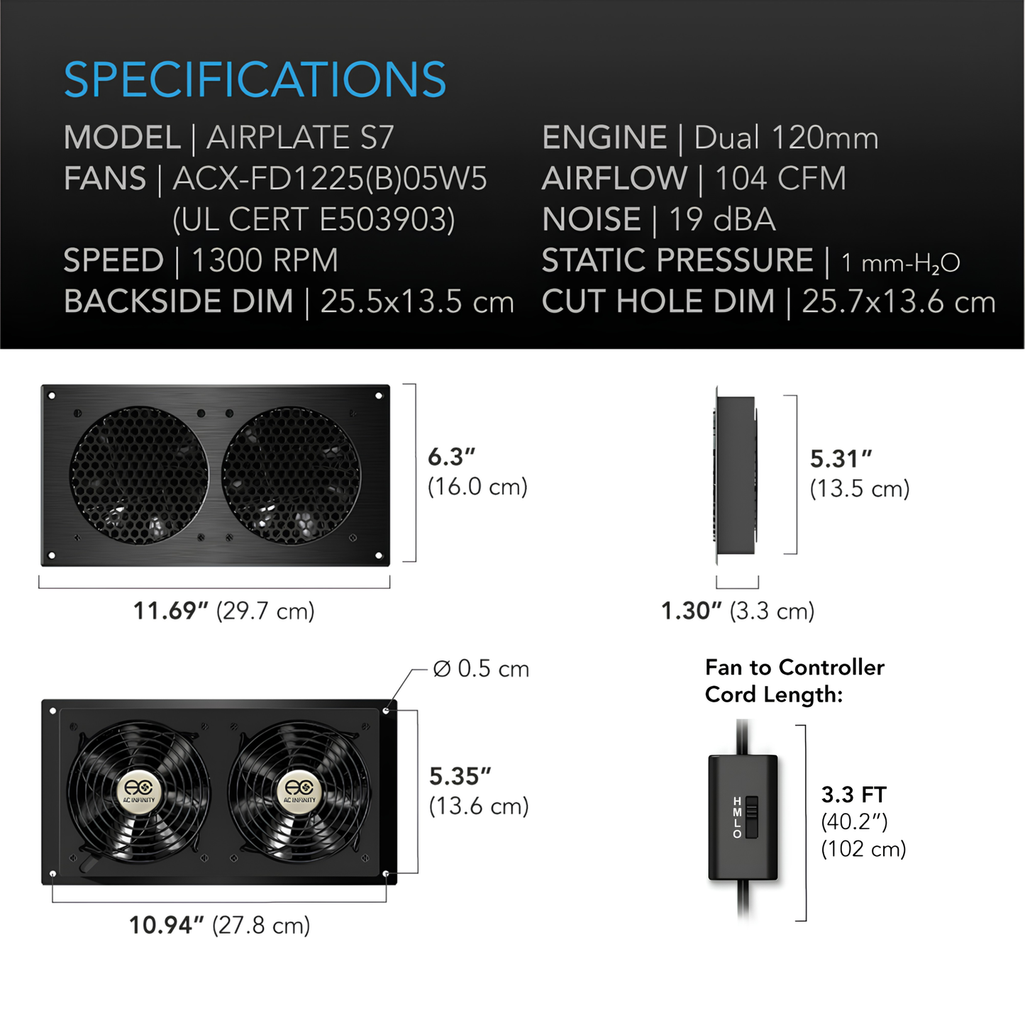 Airplate S7, Home Theatre and AV Quiet Cabinet Cooling Fan System, 12 Inch