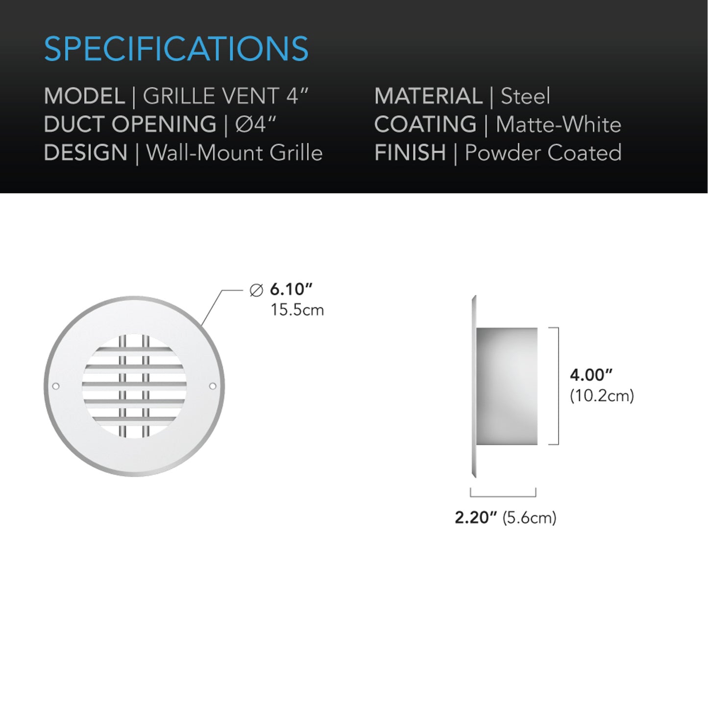 Wall-Mount Duct Grille Vent, White Steel, 4-Inch