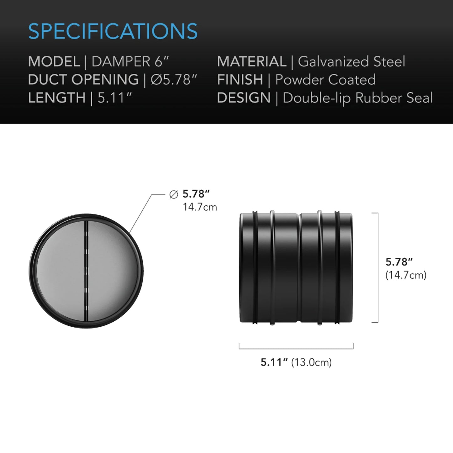 Ac Infinity Backdraft Damper Ducting Insert, 6-Inch, Black Galvanized Steel