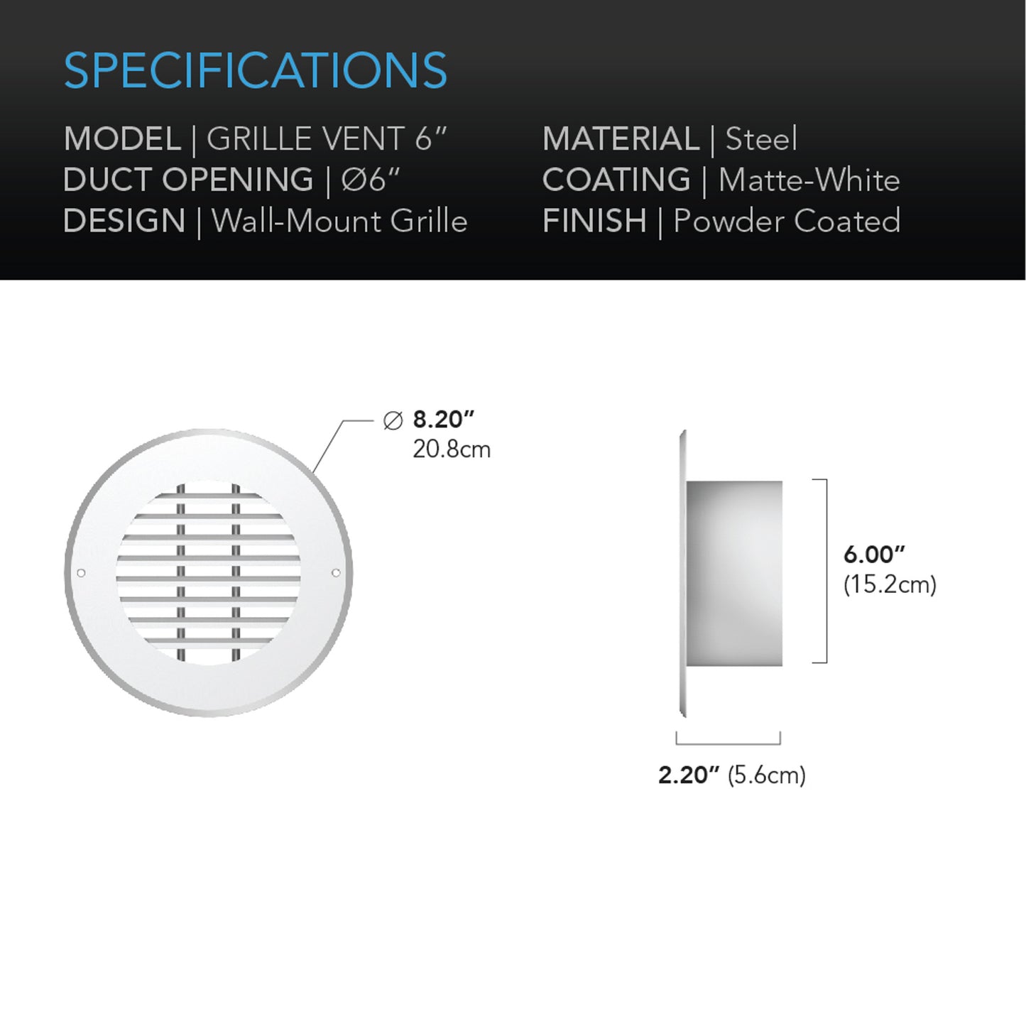 Wall-Mount Duct Grille Vent, White Steel, 6-Inch