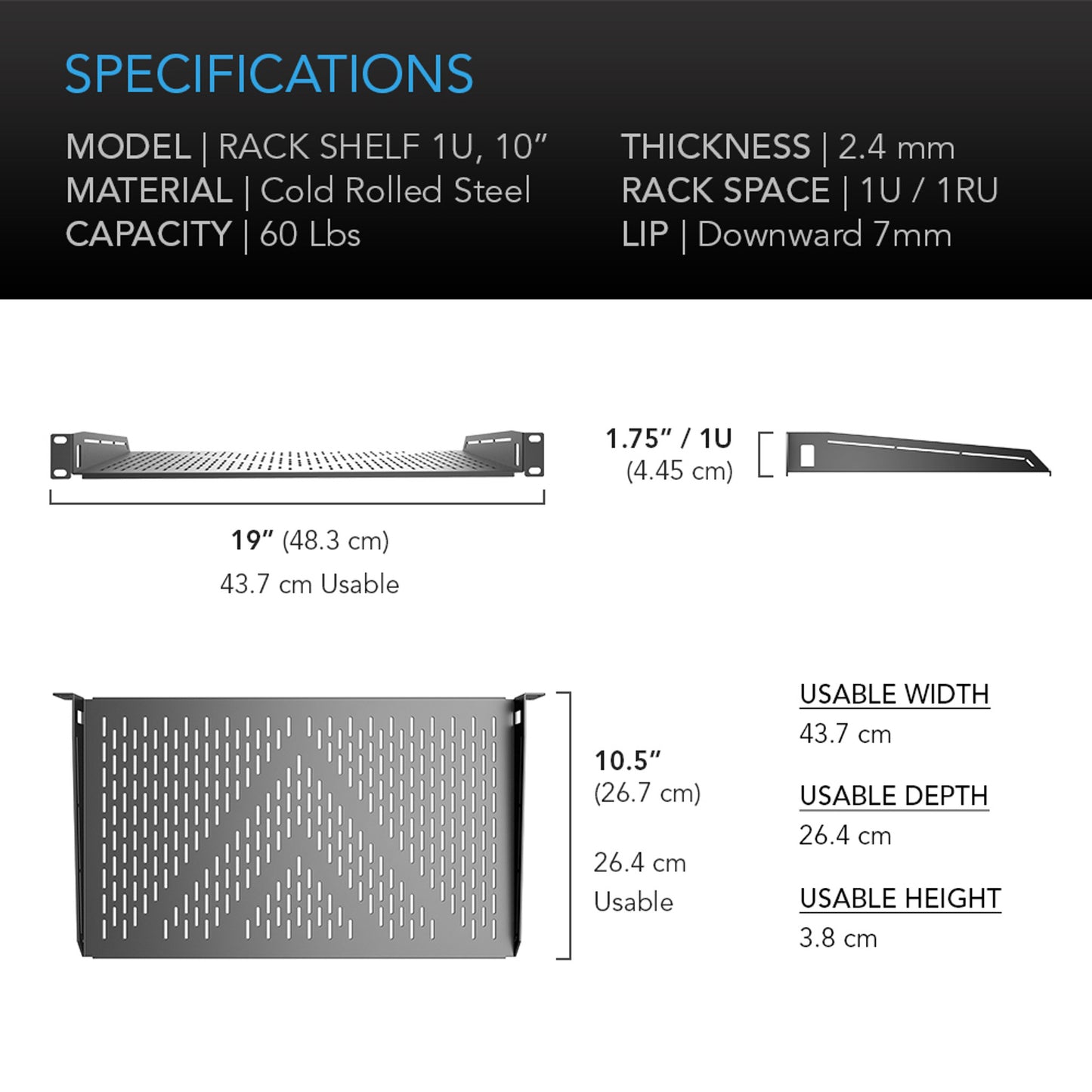 Vented Cantilever 1U Rack Shelf 10"