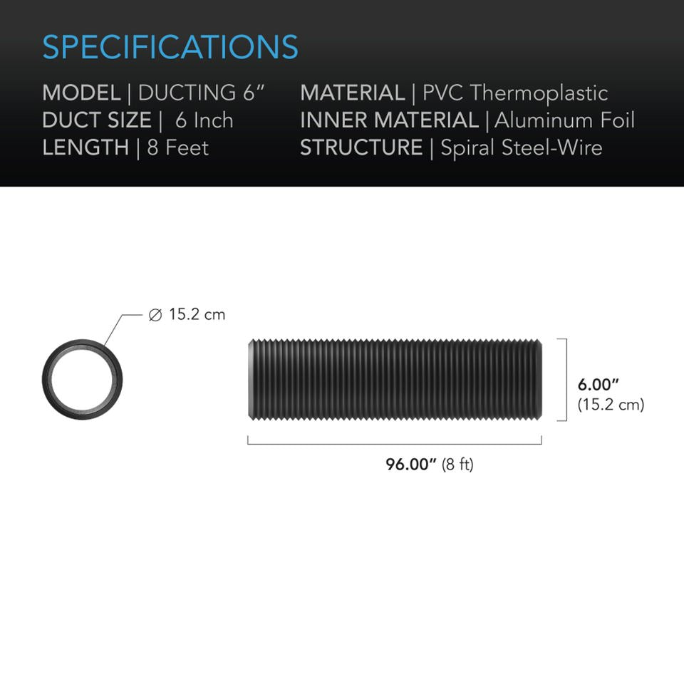 AC Infinity Flexible Four Layer Ducting, 8 Feet Long, 6 Inch