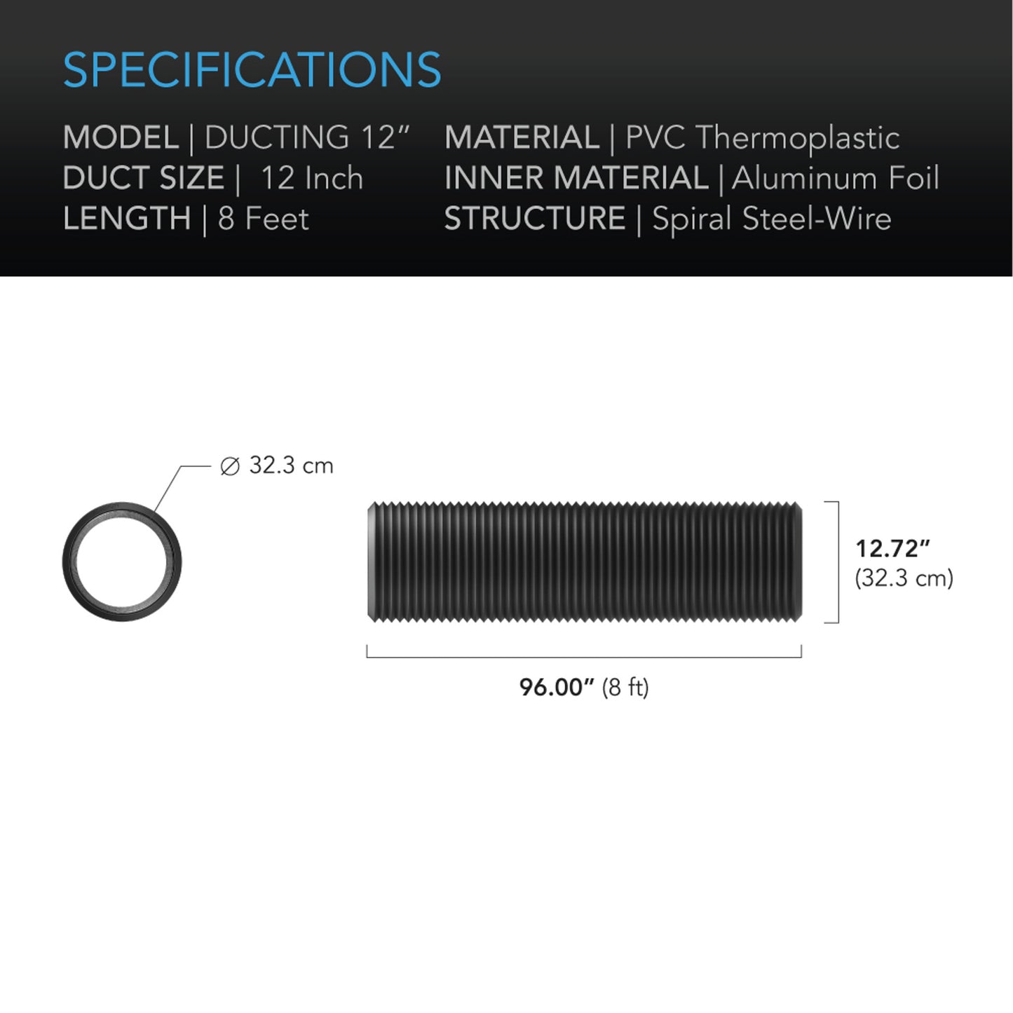AC Infinity Flexible Four Layer Ducting, 8 Feet Long, 12 Inch