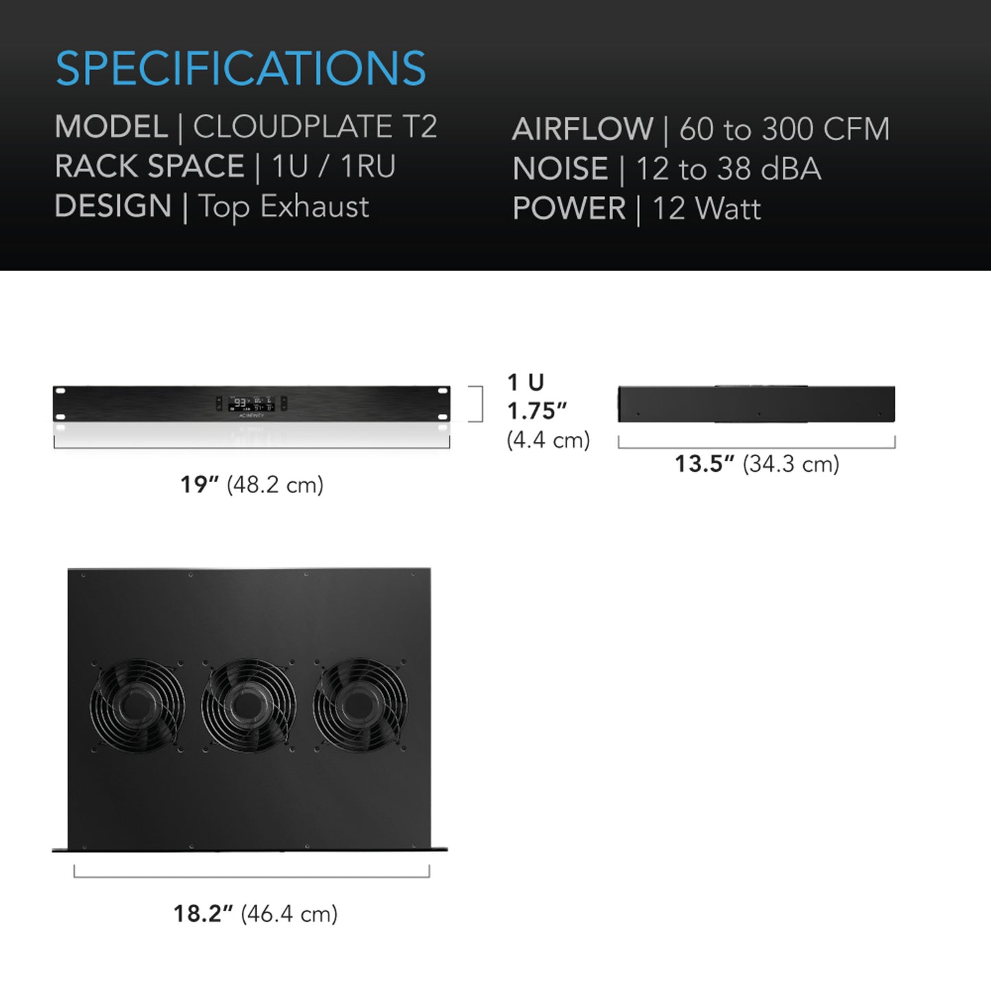 Cloudplate T2, Quiet Rack Cooling Fan System 1U, Top Exhaust
