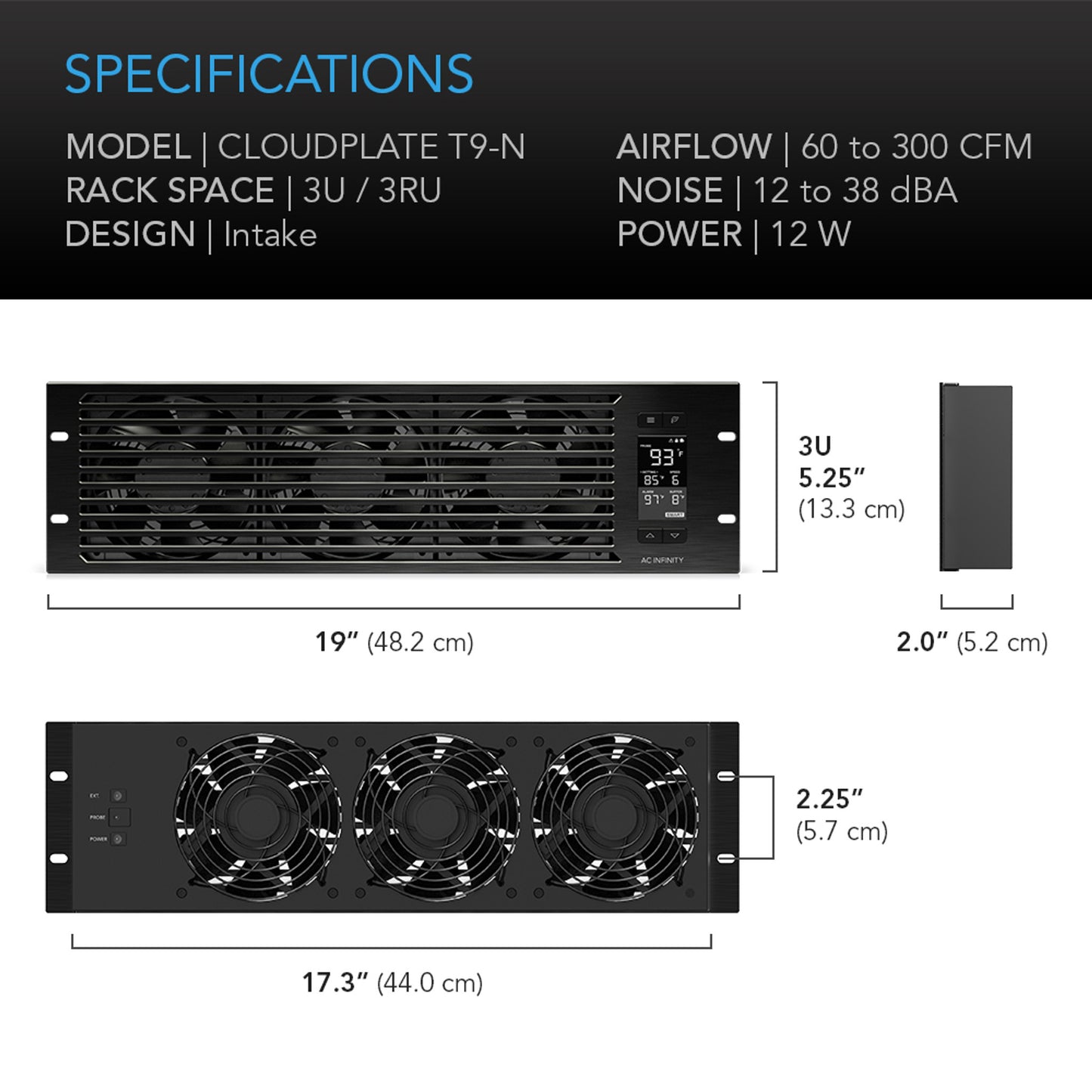 Cloudplate T9-N, Quiet Rack Cooling Fan System 3U, Intake