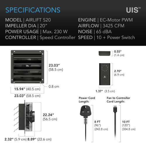 AIrlift S20, Shutter Exhaust Ventilation Fan 20", Speed Controller