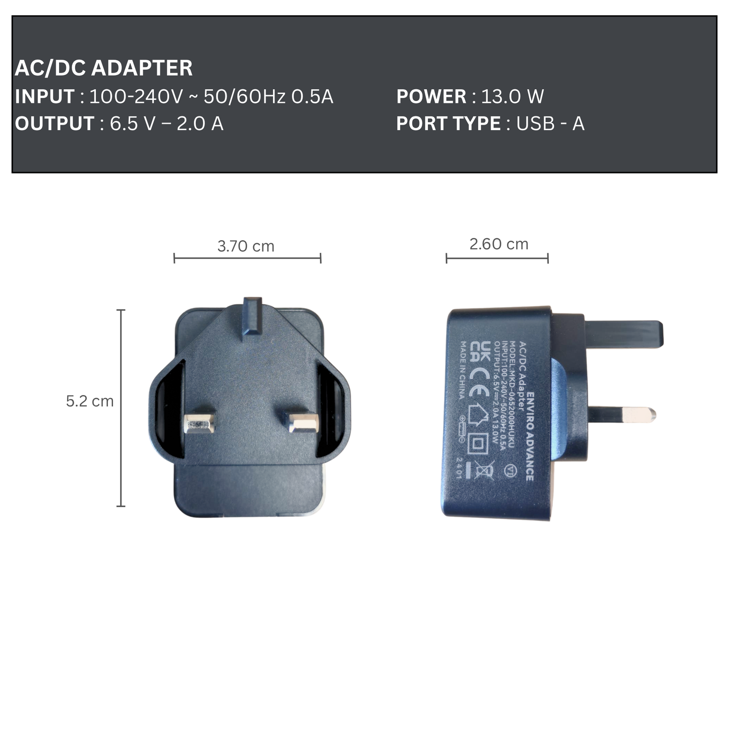 Enviro Advance 6.5 V AC/DC Adapter  (USB-A Port)