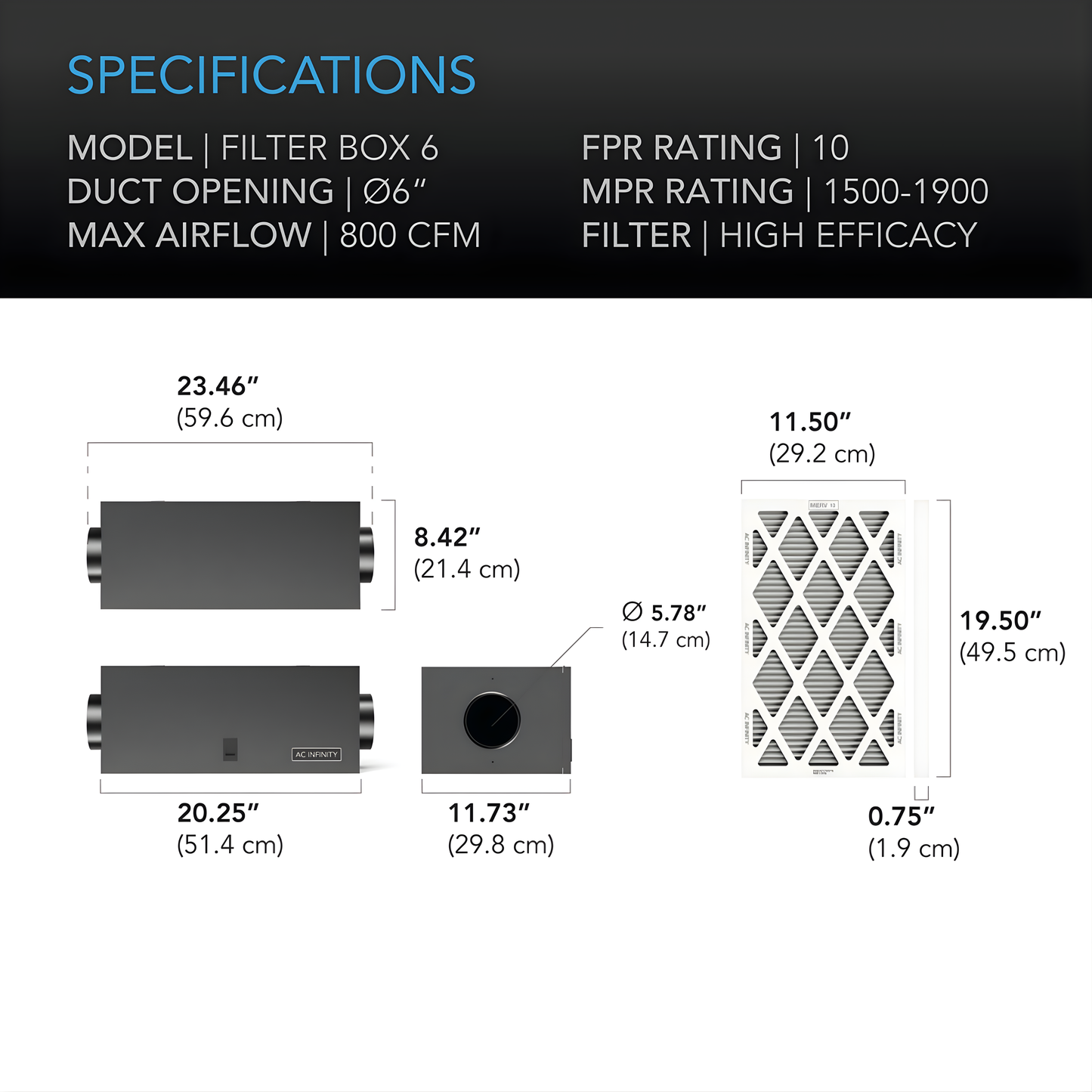 AC Infinity Air Filter Box with High Efficacy Filter, 6 Inch