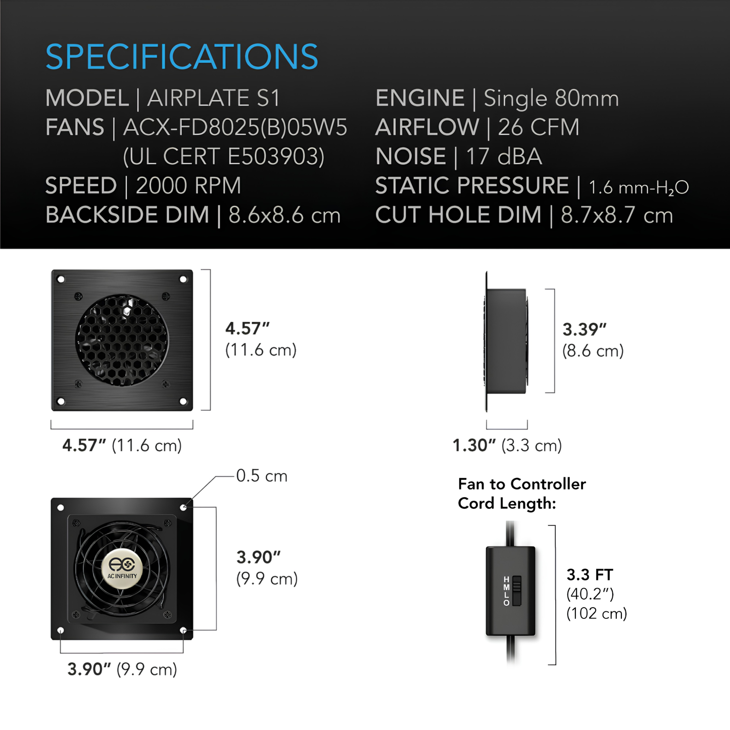 Airplate S1, Home Theater And Av Quiet Cabinet Cooling Fan System, 4 Inch
