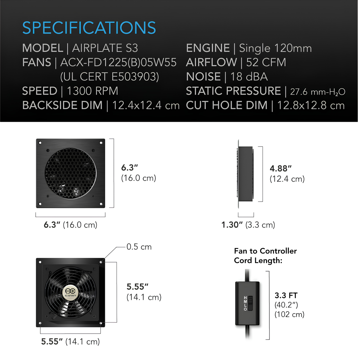 Airplate S3, Home Theatre and AV Quiet Cabinet Cooling Fan System, 6 Inch