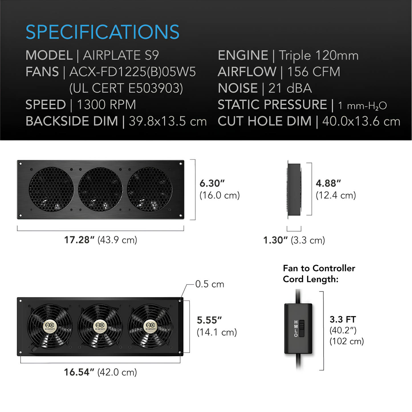 Airplate S9, Home Theater And Av Cabinet Quiet Cooling Fan System, 18 Inch