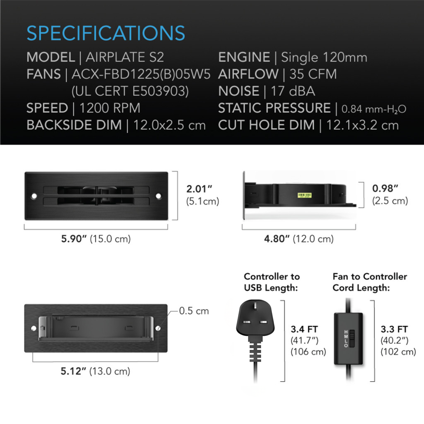 Airplate S2, Home Theater and AV Cabinet Quiet Cooling Blower System, 6 Inch