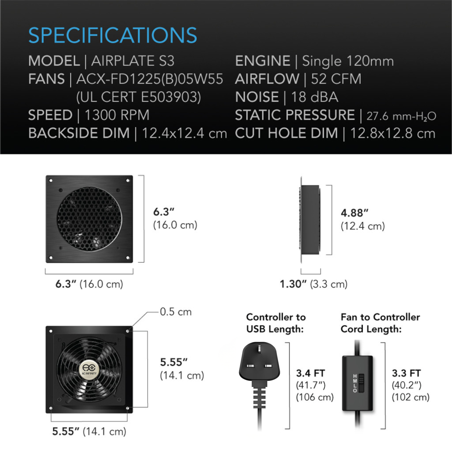Airplate S3, Home Theatre and AV Quiet Cabinet Cooling Fan System, 6 Inch