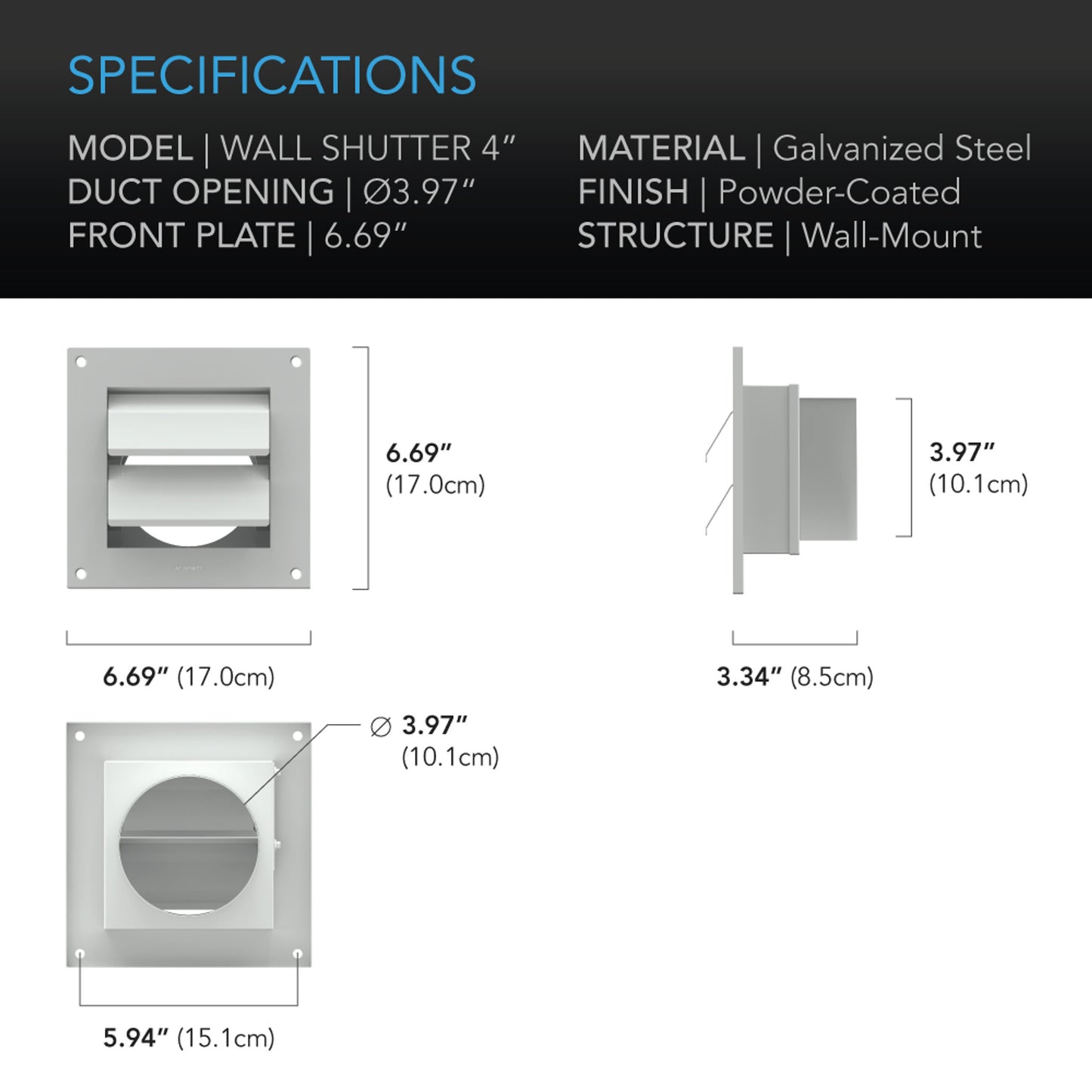 Wall Mount Duct Shutter, 4-Inch, White Steel