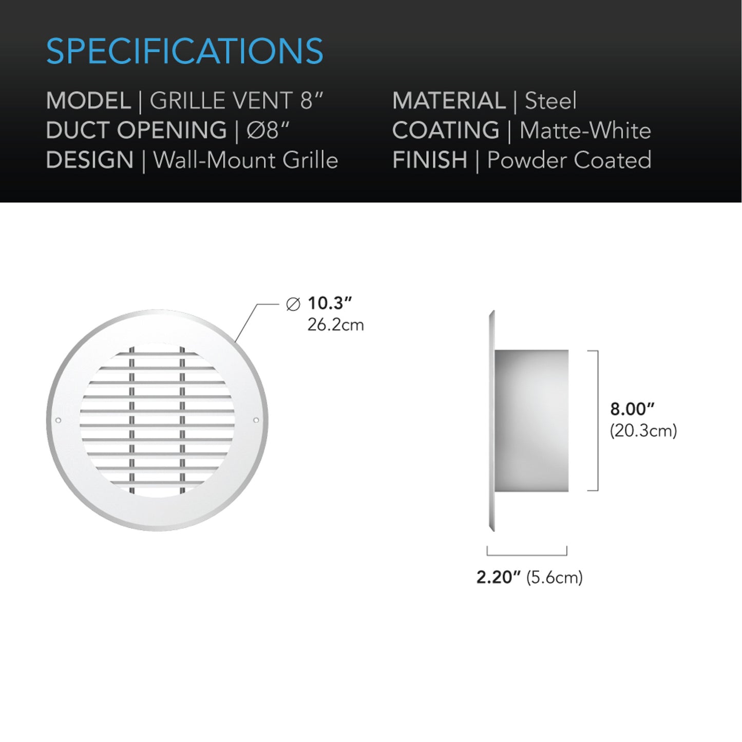 Wall-Mount Duct Grille Vent, White Steel, 8-Inch