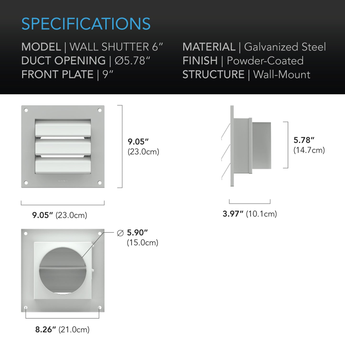 Wall Mount Duct Shutter, 6-Inch, White Steel
