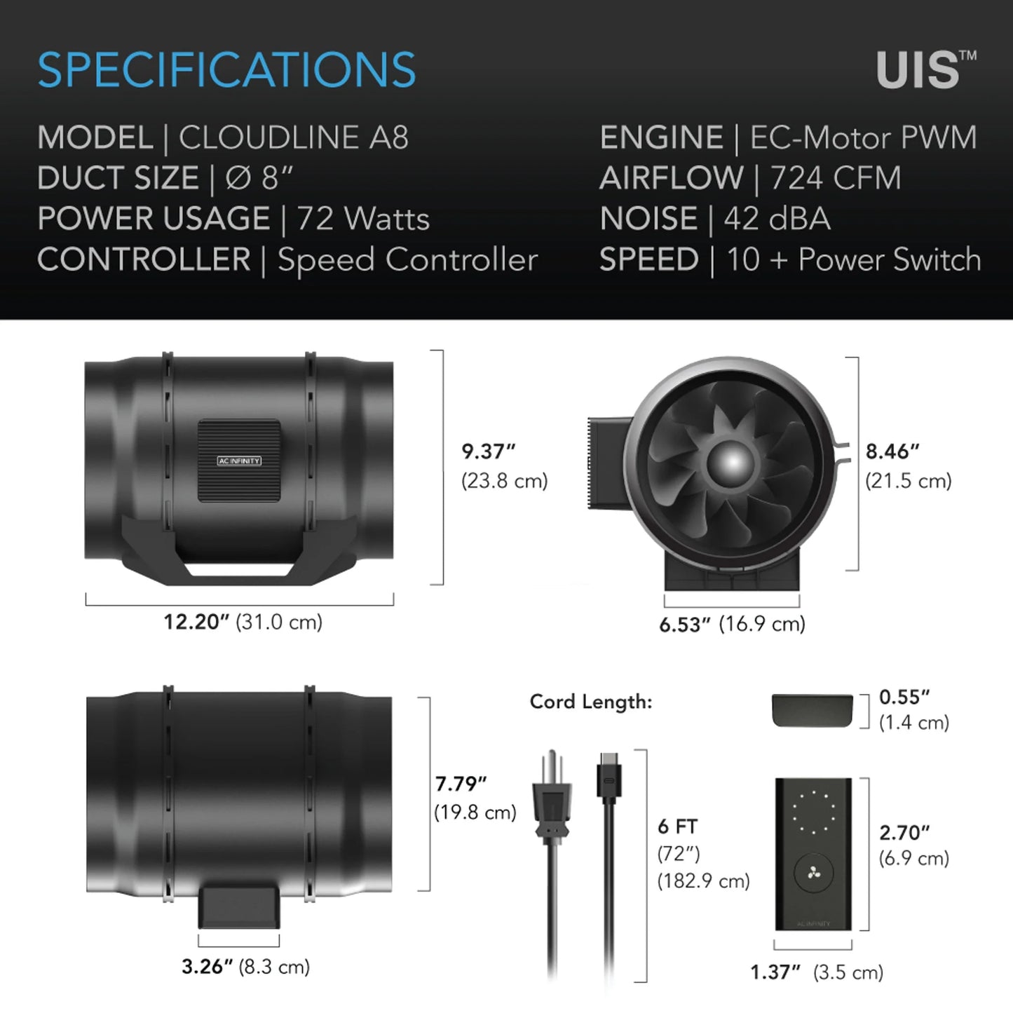 Cloudline Lite A8, Quiet Inline Fan With Speed Controller, 8-Inch