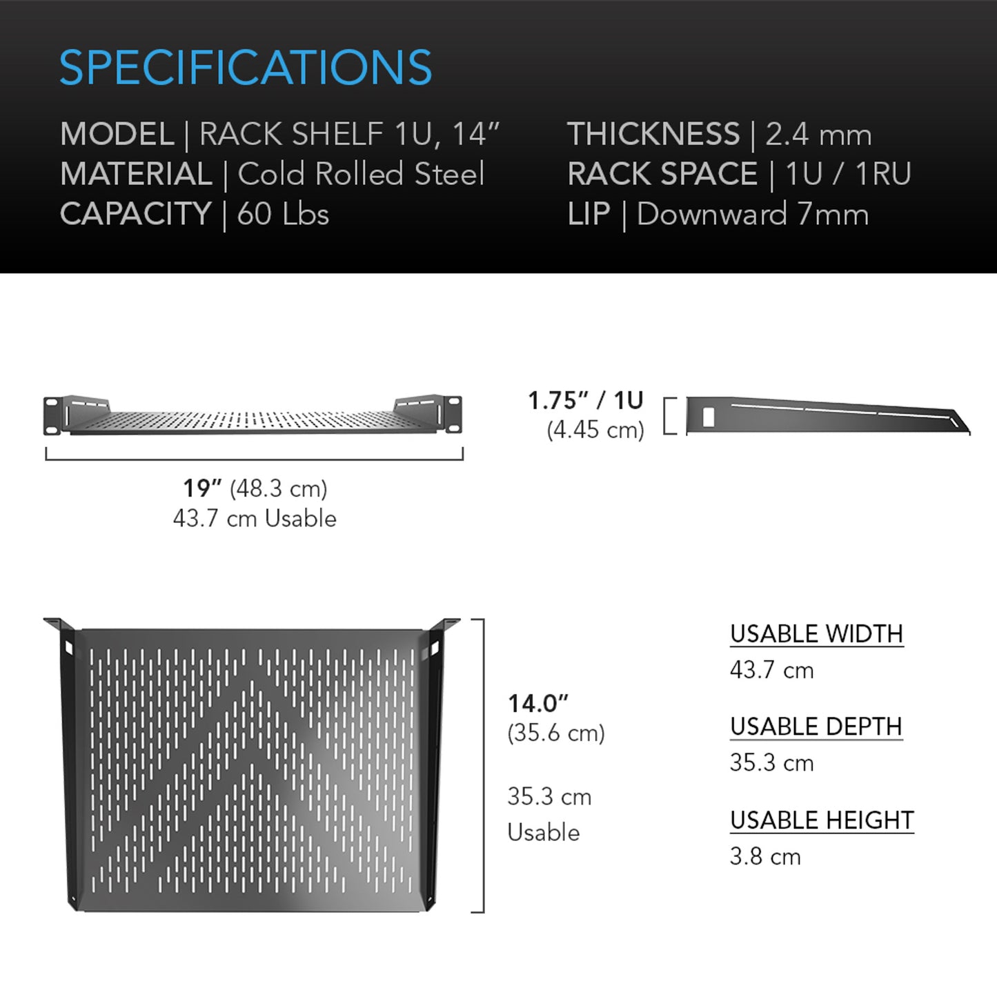Vented Cantilever 1U Rack Shelf 14"