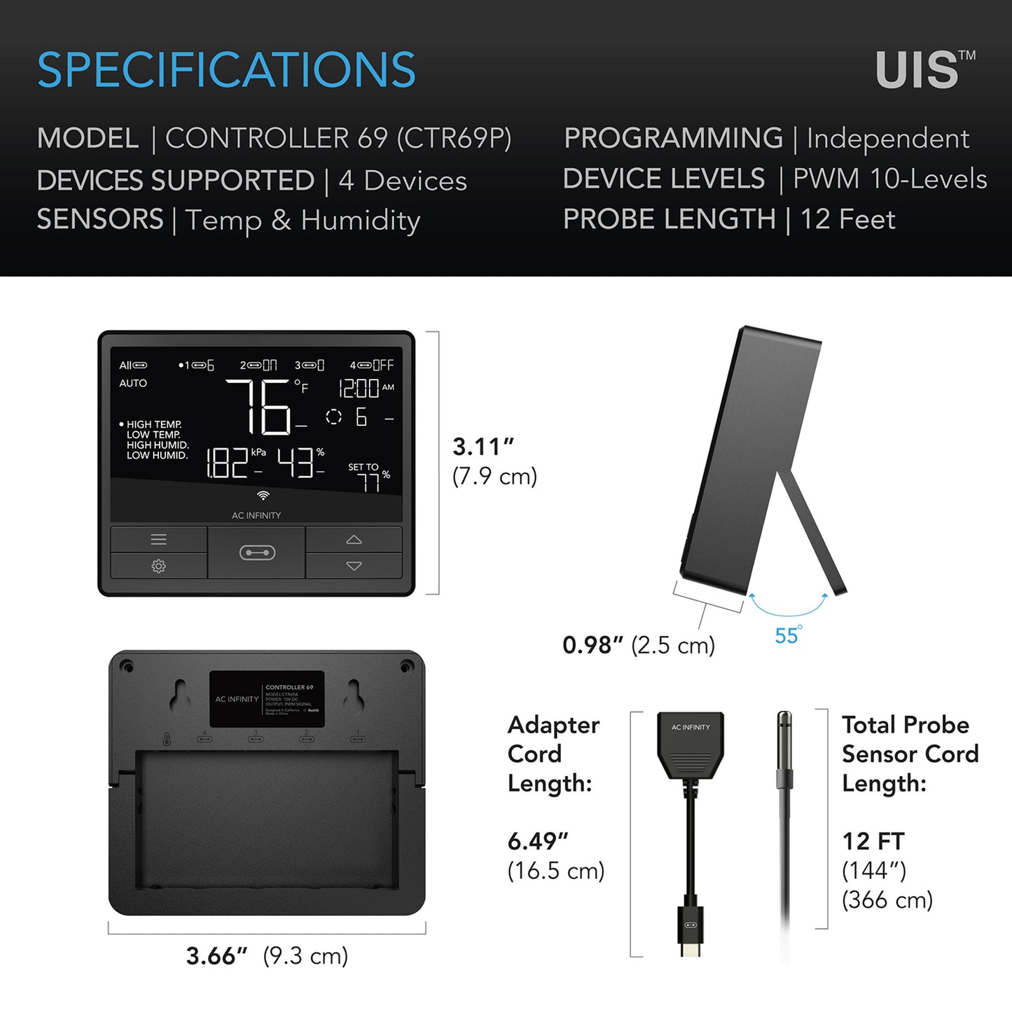 Controller 69 Pro, Independent Programs For Four Devices, Dynamic Vpd, Temperature, Humidity, Scheduling, Cycles, Levels Control, Data App, Bluetooth + Wifi