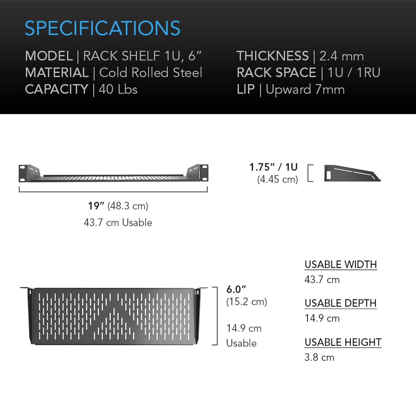 Vented Cantilever 1U Rack Shelf 6"