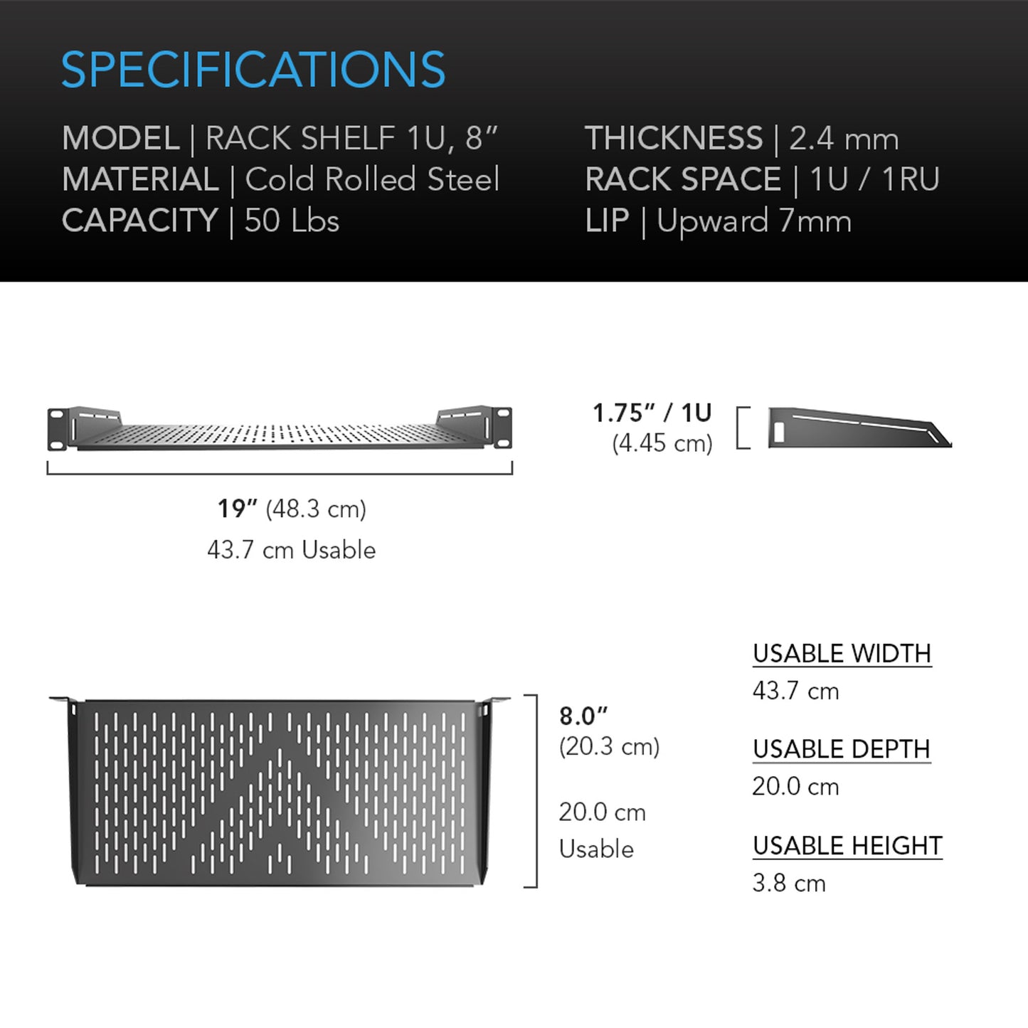 Vented Cantilever 1U Rack Shelf 8"