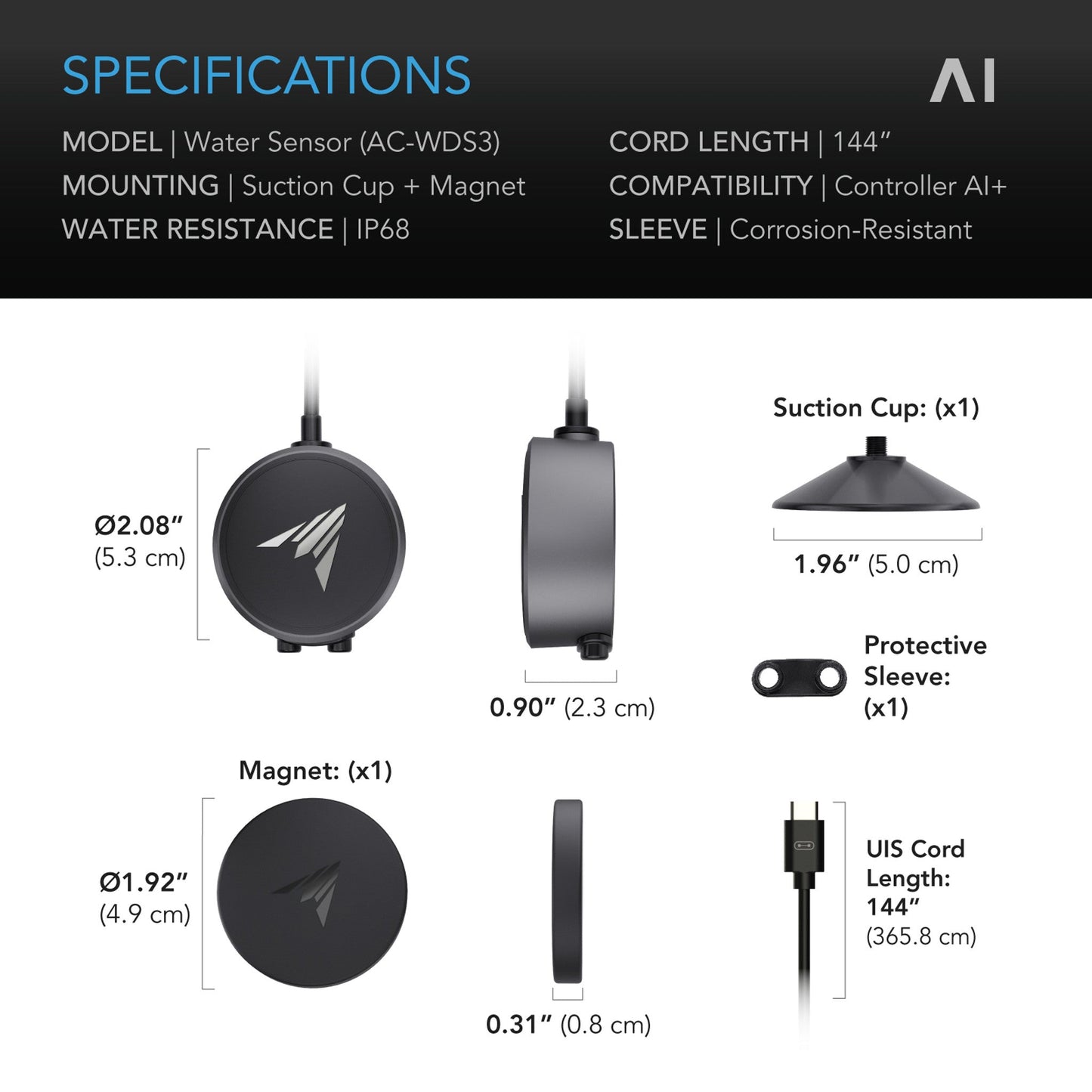 Water Sensor Exclusively for Controller AI+, Liquid Presence Detection, IP68-Water Resistant