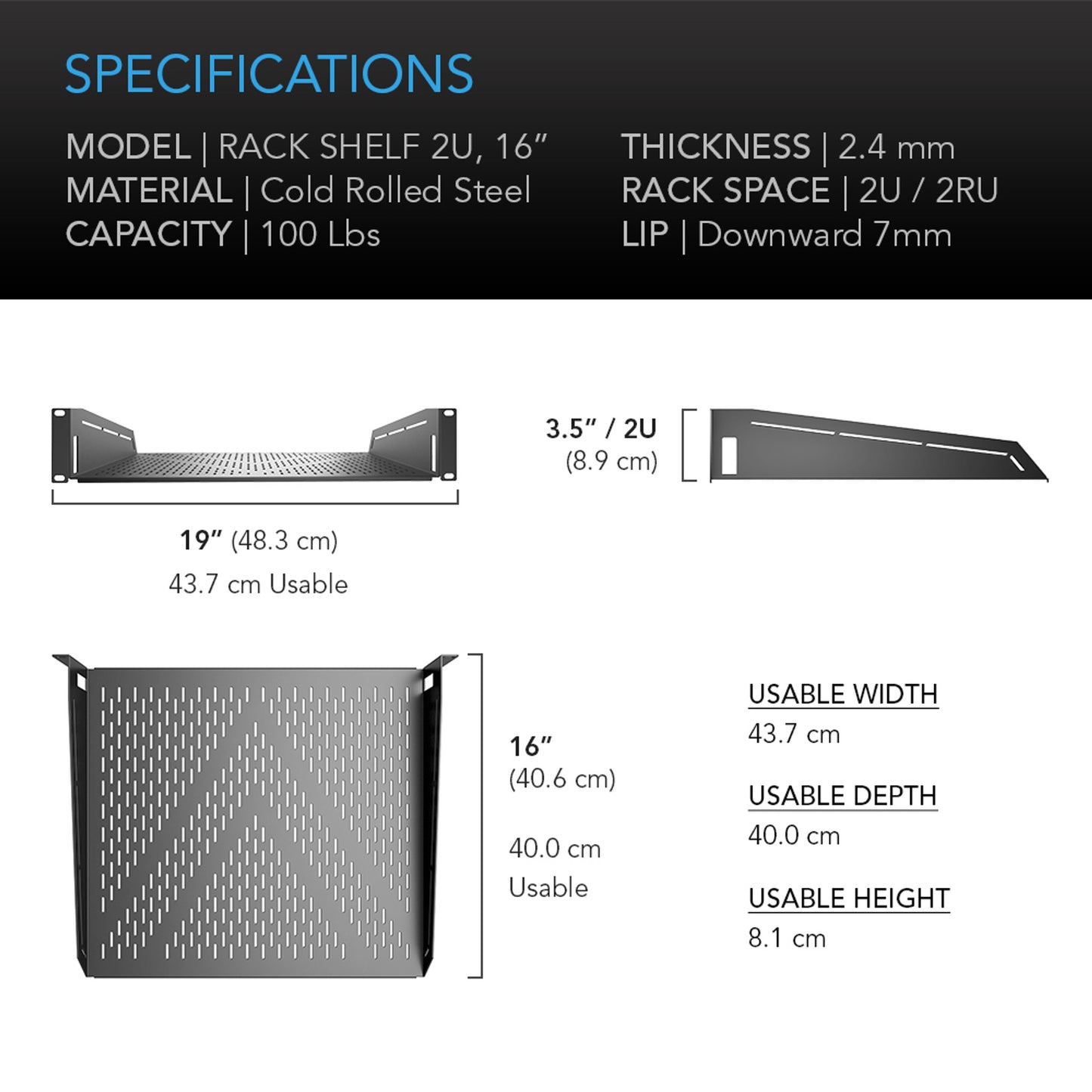 Vented Cantilever 2U Rack Shelf 16"