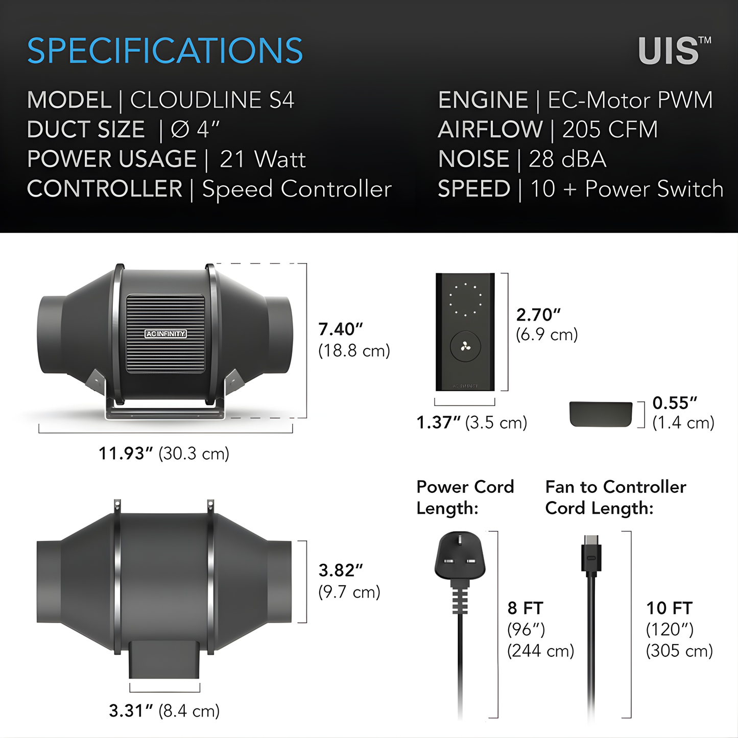 Cloudline S4, Quiet Inline Duct Fan System with Speed Controller, 4 Inch