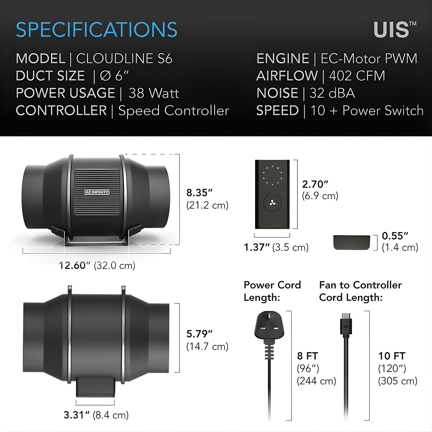 Cloudline S6, Quiet Inline Duct Fan System with Speed Controller, 6 Inch