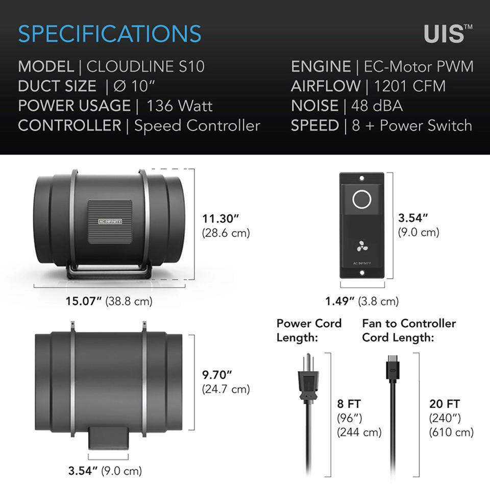 Cloudline S10, Quiet Inline Duct Fan System with Speed Controller, 10 Inch