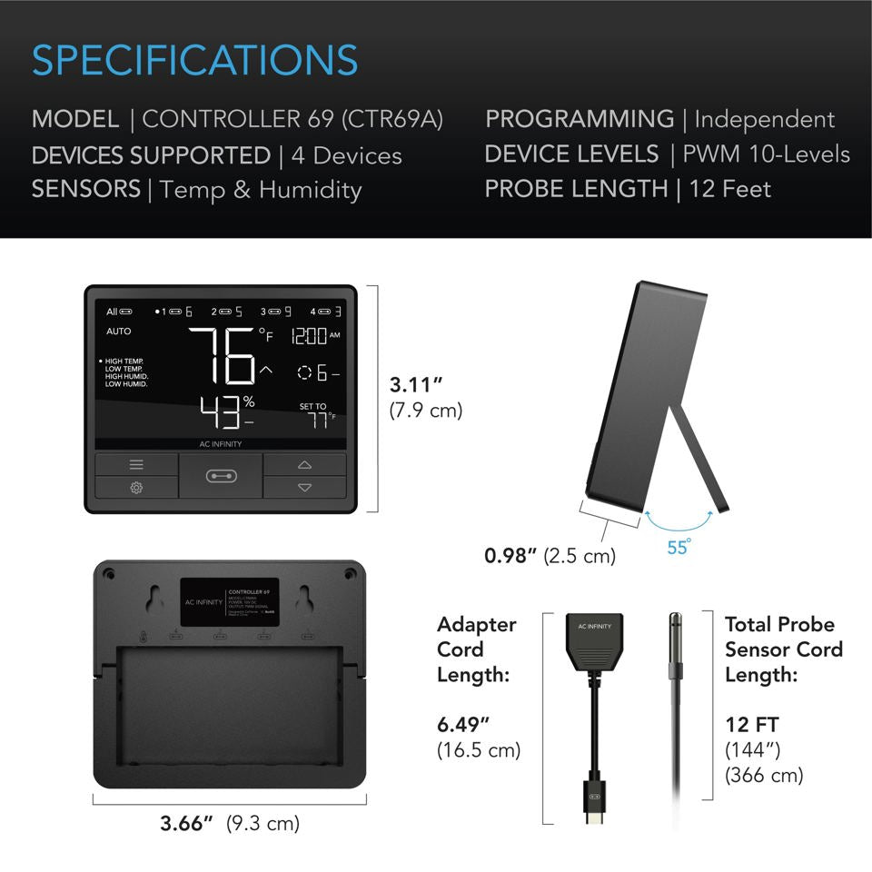Controller 69, Independent Programs for Four Devices, Dynamic Temperature, Humidity, Scheduling, Cycles, Levels Control, Data App