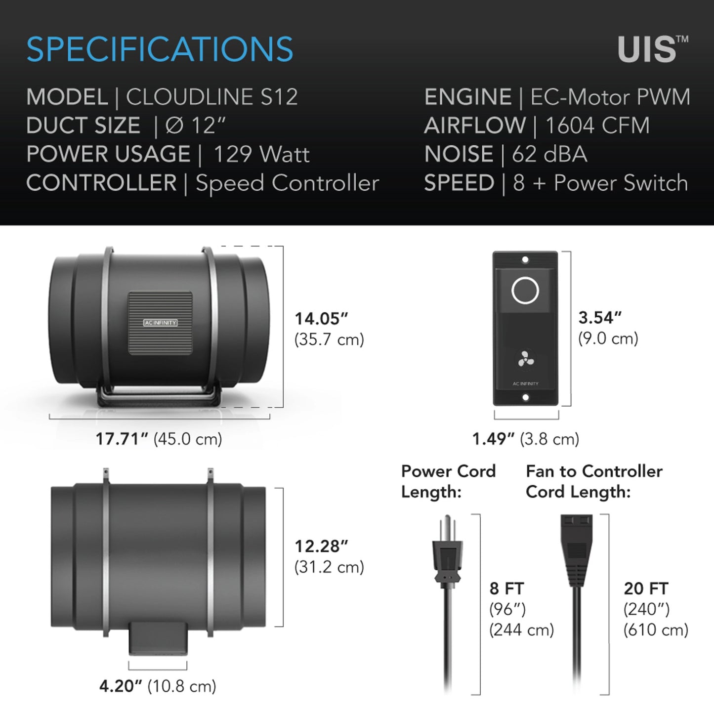 Cloudline S12, Quiet Inline Duct Fan System with Speed Controller, 12 Inch