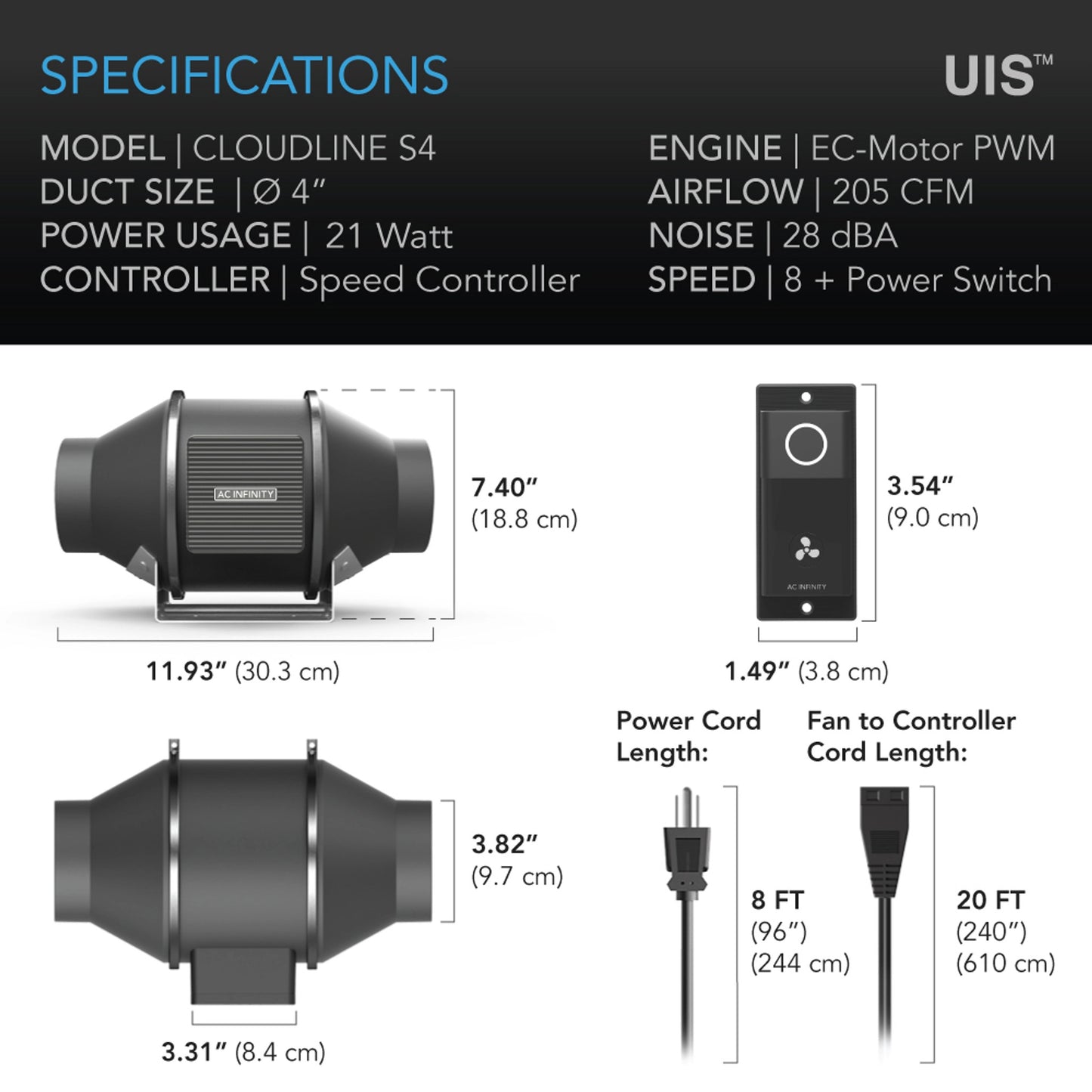 Cloudline S4, Quiet Inline Duct Fan System with Speed Controller, 4 Inch