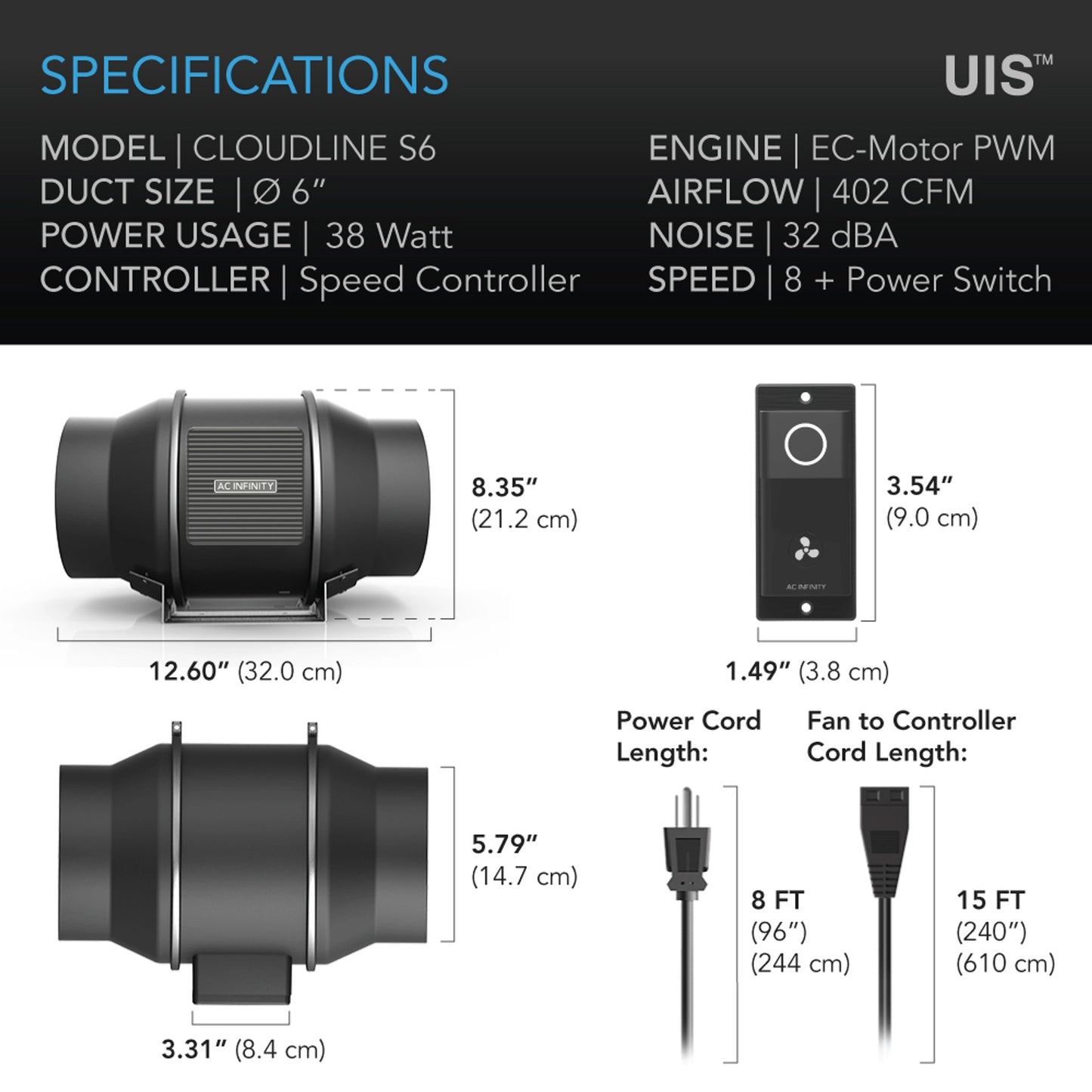 Cloudline S6, Quiet Inline Duct Fan System with Speed Controller, 6 Inch