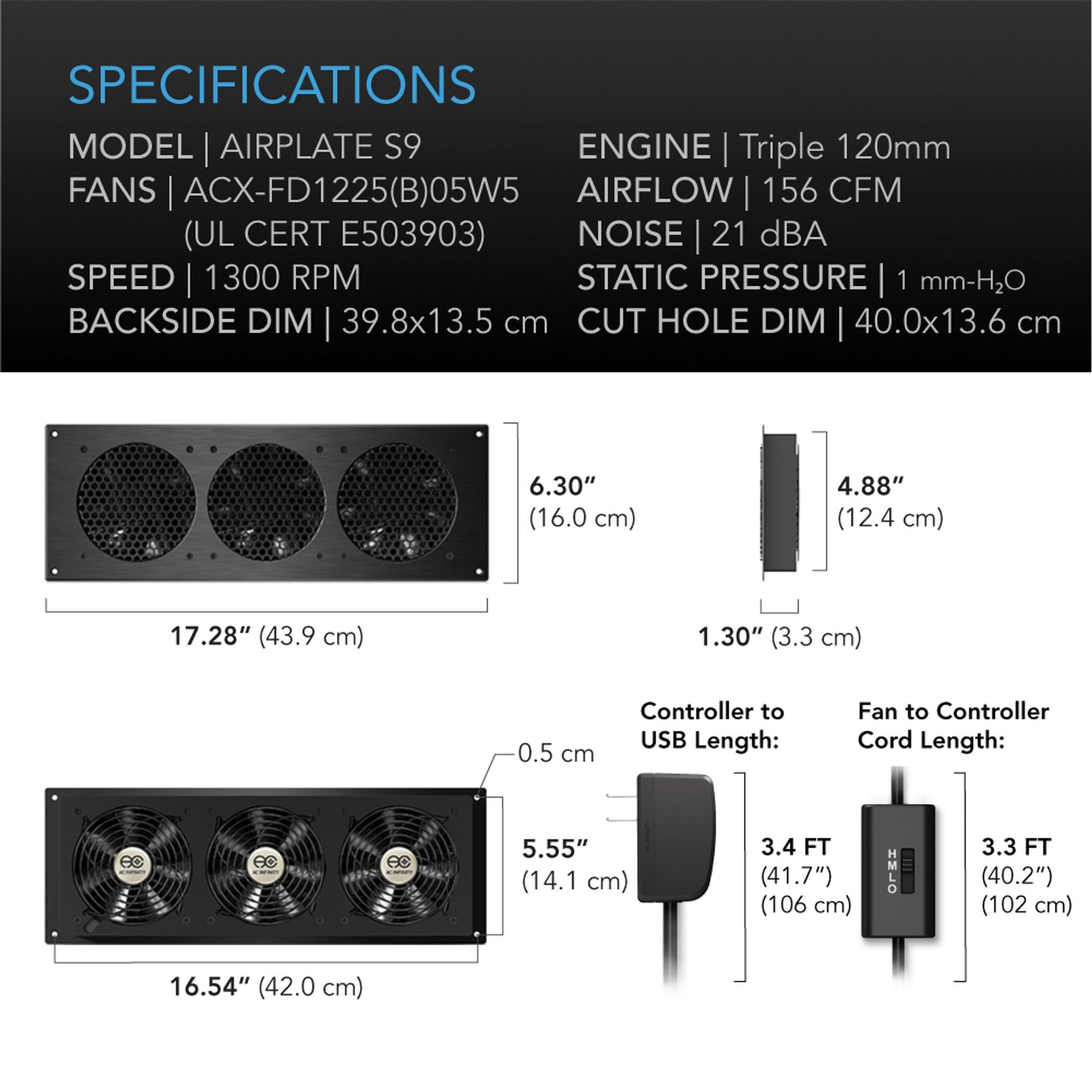 Airplate S9, Home Theater And Av Cabinet Quiet Cooling Fan System, 18 Inch