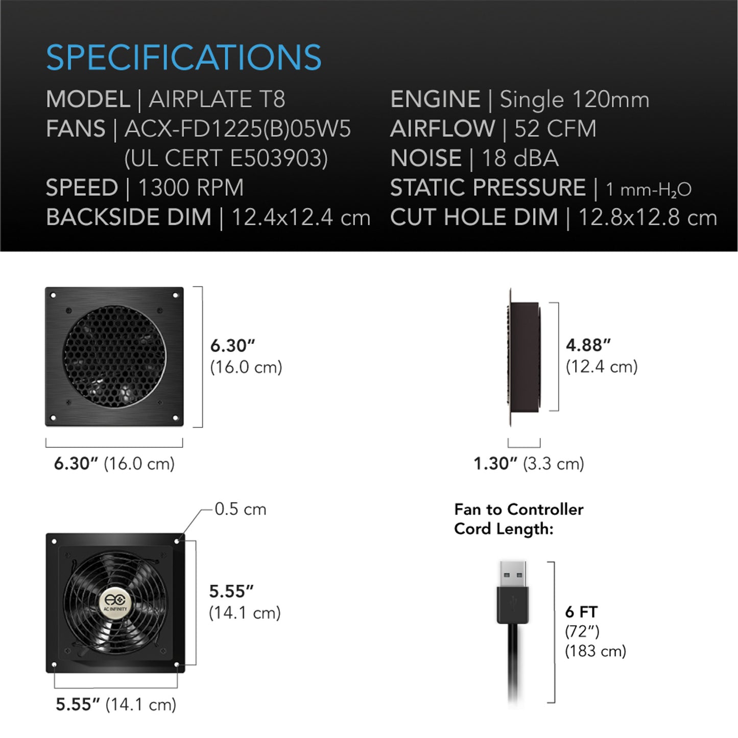 Airplate T8, Home Theatre and AV Quiet Cabinet Cooling Dual-Fan System, 6 Inch