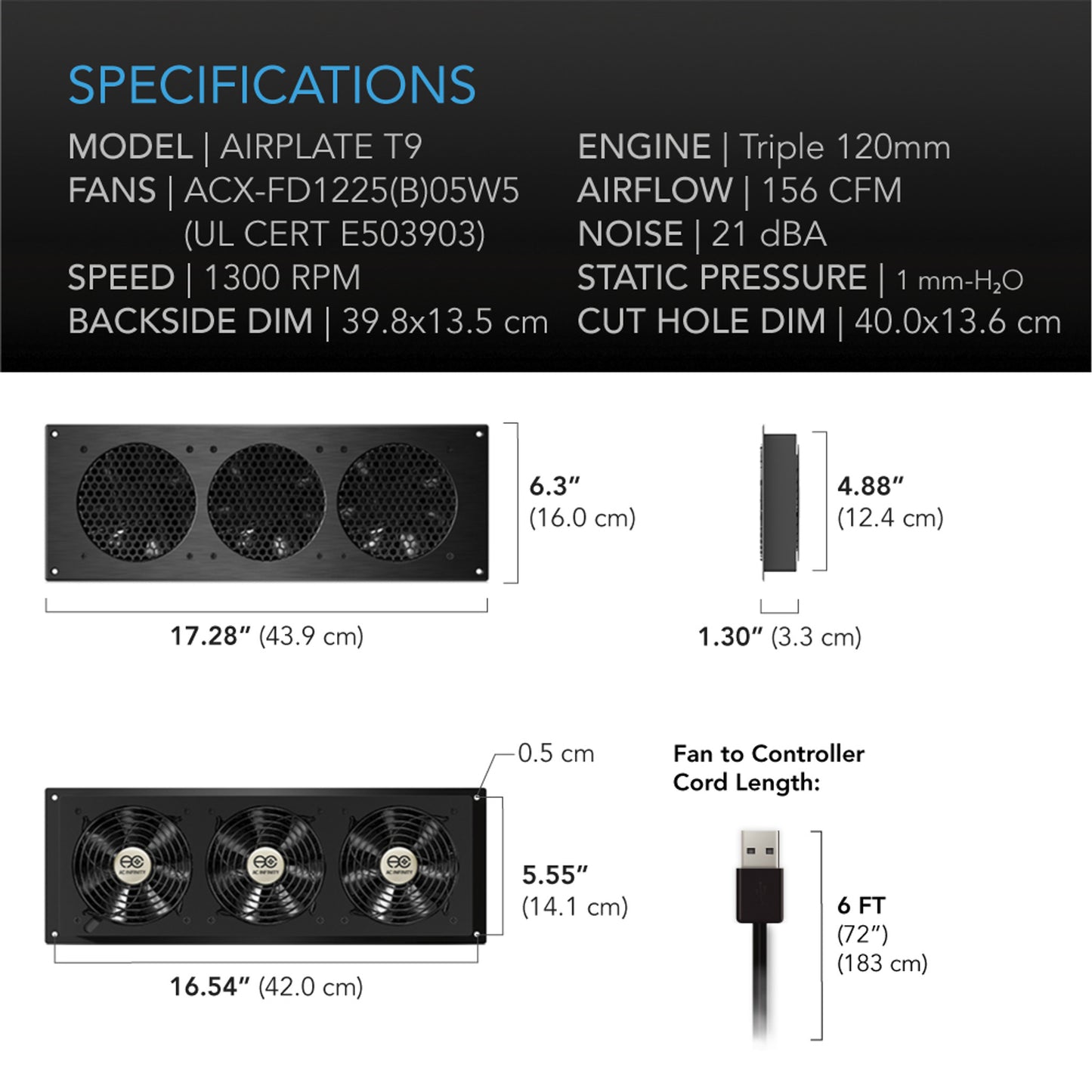 Airplate T9, Home Theatre and AV Quiet Cabinet Cooling Fan System, 18 Inch