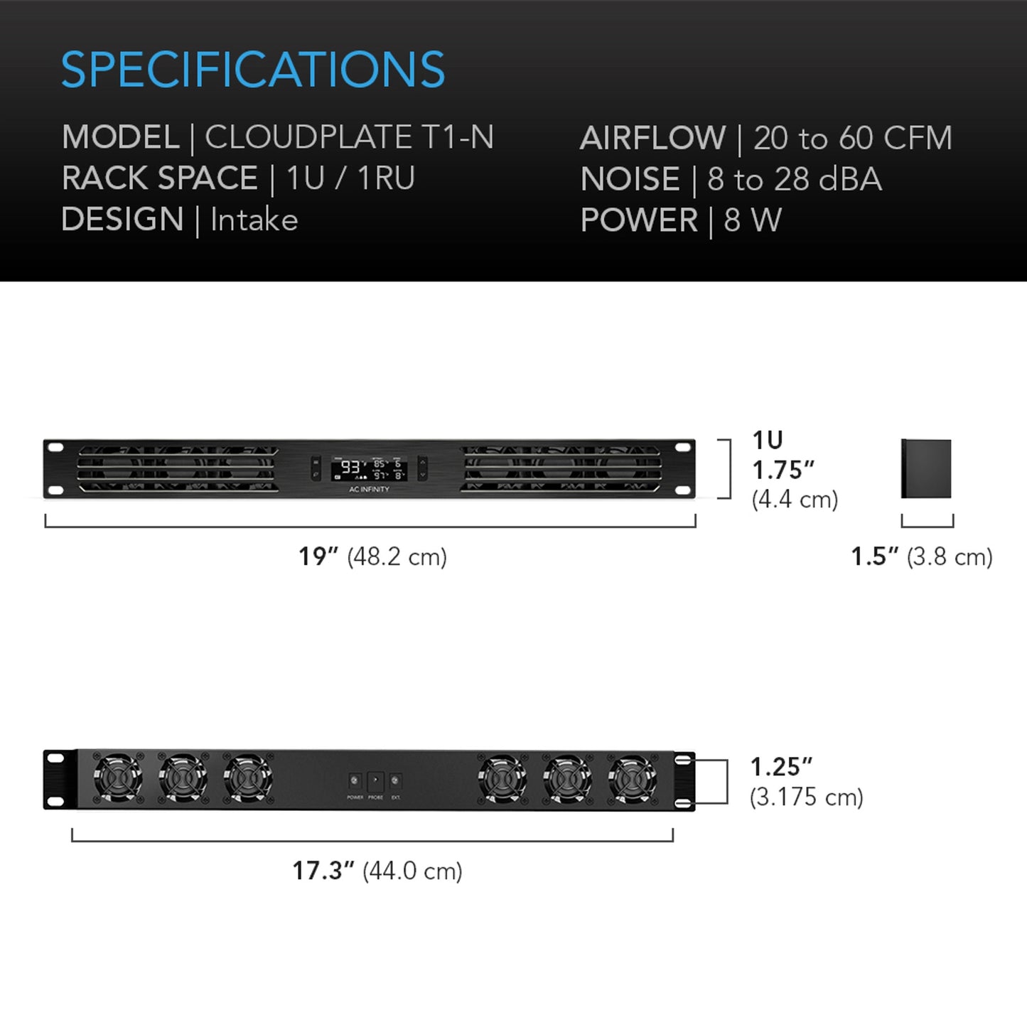 Cloudplate T1-N, Quiet Rack Cooling Fan System 1U, Intake